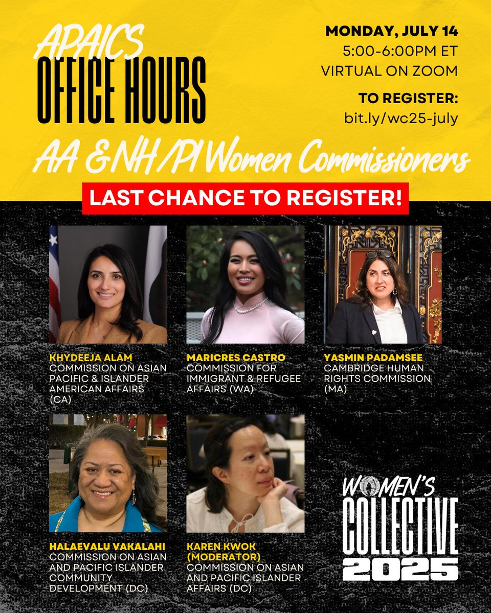 APAICS's tweet image. 🚨 Don't miss your chance to connect with trailblazing female commissioners from across the country at our next Women's Collective Office Hours series on July 14!
⏰ Registration closes today, so sign up now at apaics.org/wc-upcoming-ev… to save your seat!