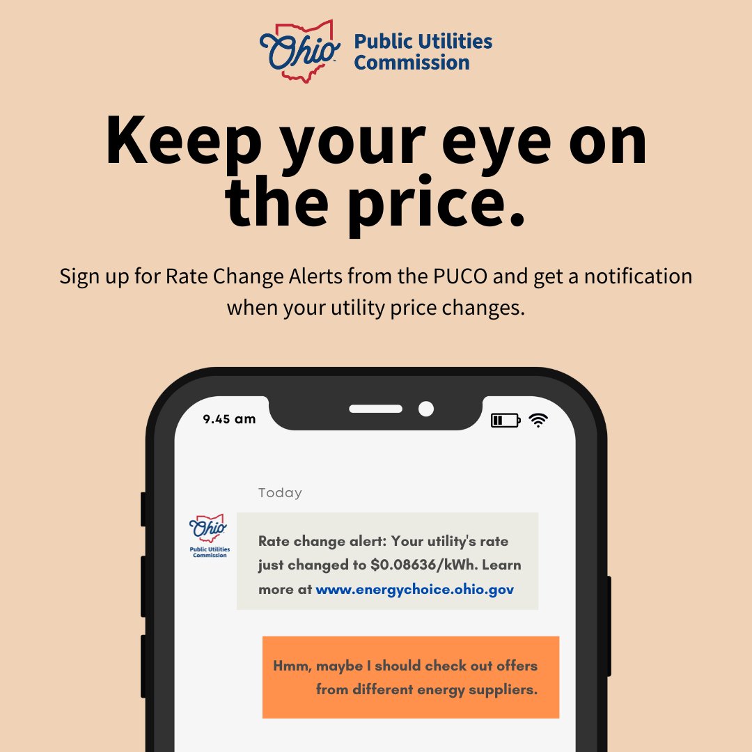 PUCOhio's tweet image. 📳Tired of getting ghosted? We would never.
Get instant updates when your utility's price changes.
Sign up for PUCO's rate change alerts: bit.ly/rate-change-al…