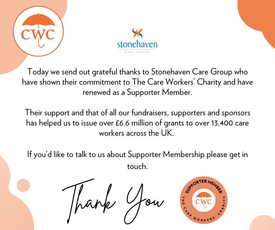 CareWorkersFund's tweet image. 💜 Thank You Stonehaven Care Group! 💜
We’re sending warm thanks to  Stonehaven Care Group for renewing as a Supporter Member with The Care Workers’ Charity!

➡️ Become a supporter today: 
buff.ly/loLrdf2

#MelodyCare #CareSectorSupport #CWC #CareWorkersCharity