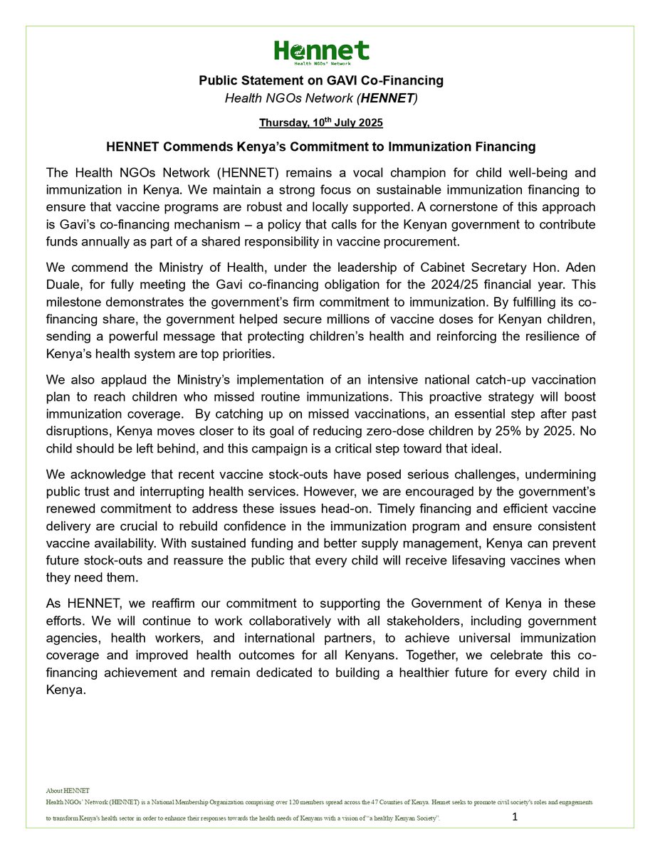 <a href="/HennetKenya/">Health NGOs Network (HENNET)</a>, Commends Kenya’s Fulfilled <a href="/gavi/">Gavi, the Vaccine Alliance</a>, Co-Financing Commitment. Meeting our 2024/25 Gavi co-financing obligation is an important step in safeguarding child health and sustaining immunization programs.