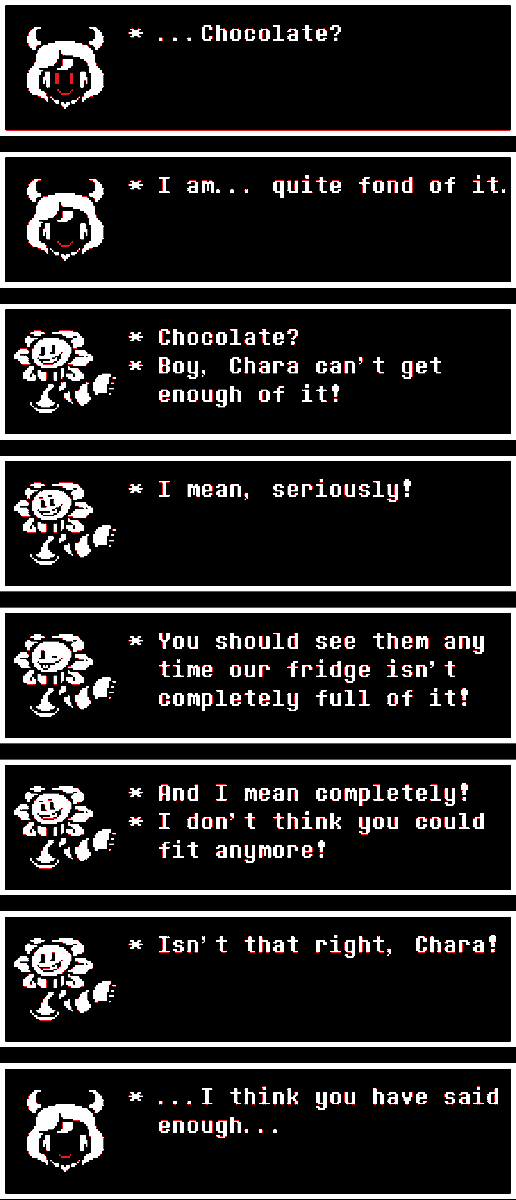 ModtaleR's tweet image. Tumblr Ask
'To Chara:
Opinion on "chocolate"
#undertale #undertaleAU #modtale #flowey #chara