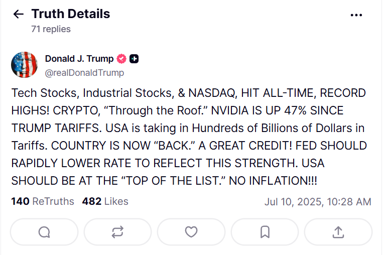 Trump says the Fed should lower rates, because the stock market and crypto are booming.
