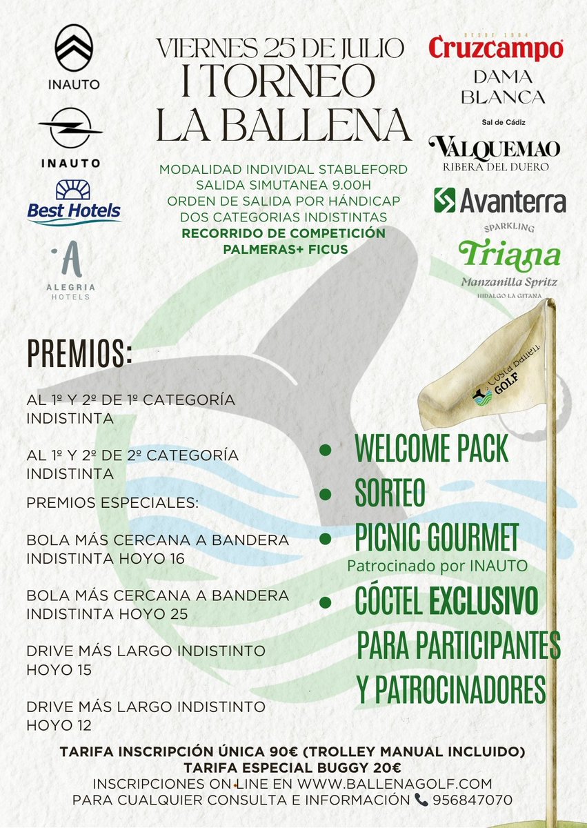 mailchi.mp/ballenagolf.co…
El próximo viernes, 25 de julio, el campo de golf Palmeras + Ficus será el escenario del I TORNEO DE GOLF LA BALLENA.

Detalles del Torneo:

Modalidad: Individual Stableford

Salida: Simultánea a las 9:00h