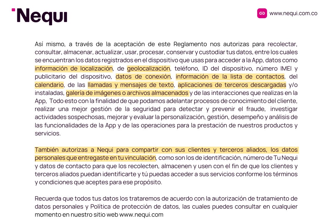 johnparradog's tweet photo. Tásitamente @Nequi nos comparte sus terminos y condiciones: además de retener nuestro dinero cuando quiera, exige rutas GPS, lista de contactos, calendario, llamadas, SMS, apps instaladas, archivos y hasta galería de fotos @SFCsupervisor, Gran hermano https://t.co/jxapcbdyJe