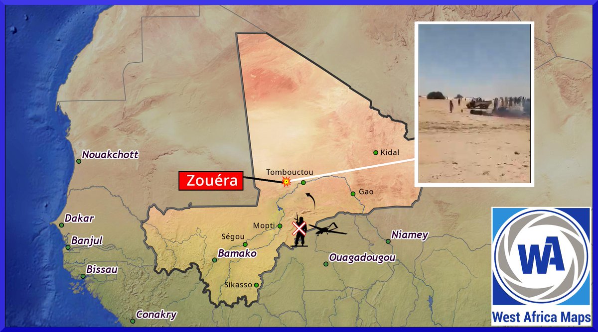 Wamaps_news's tweet photo. #Mali 🇲🇱| Le 07/07, une opération militaire s’est déroulée à #Zouéra, région de #Tombouctou, menée par les Forces Armées Maliennes (#FAMa).
🔹 La zone était densément peuplée, du fait de la tenue ce jour là d'une foire hebdomadaire dans la ville, jouant un rôle dans l'approvisionnement local et l'économie de la région.

⚫️ D'après les #FAMa, l’opération visait à neutraliser des #terroristes signalés dans la zone.

🔶Deux frappes aériennes, réalisées par des drones turques 🇹🇷TB-2, ont été signalées :
- une première a visé un véhicule
- une seconde a visé un bâtiment

🔸Une vidéo de la frappe visant le pick-up a été diffusée sur la télévision nationale.

🔴 D’après des sources locales, 4 civils auraient été tués et blessés durant cette opération.

⚫️ Il a été également indiqué qu’un chef des #FLA, aurait été éliminé. Ce membre des forces rebelles apparaissait à priori dans un documentaire diffusé par #ARTE fin juin  2025, nommé “la résistance contre #Wagner”. Il s'agirait du colonel Amazor N'Echedh Alias Bahou Ibn Kitiwi.
⚠️ Aucune confirmation de cette information.

🔹 De nombreuses vidéos de cette attaque circulent sur les réseaux sociaux.