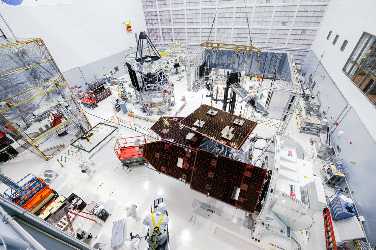 NASA's tweet photo. Power up! ☀️
 
Technicians recently installed solar panels onto @NASARoman. The panels will power and shade the observatory. Roman is about 90% complete and scheduled to launch no later than May 2027. https://t.co/qFutX7Bu8y https://t.co/Ye1ufcqQV0