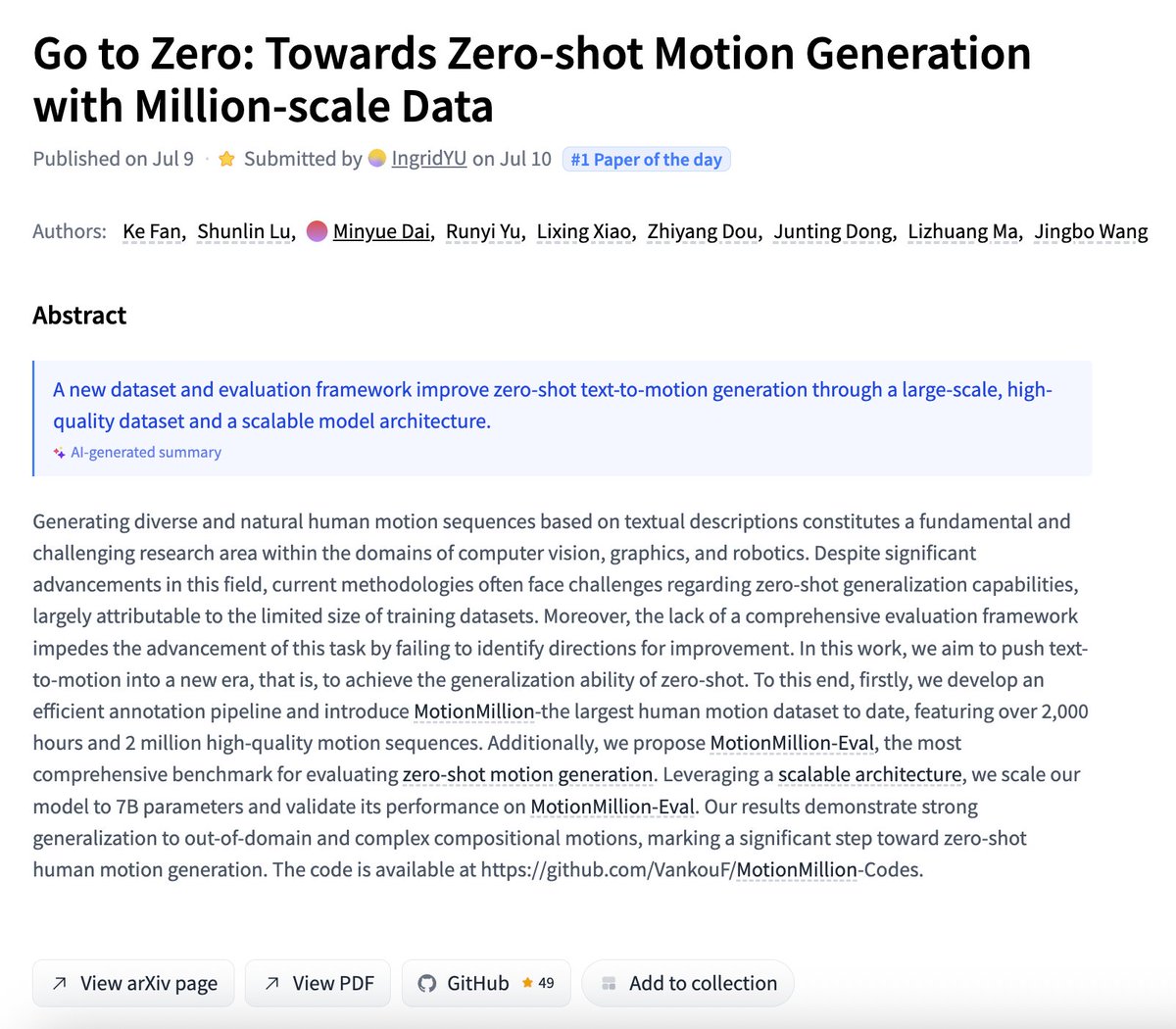 Go to Zero

Towards Zero-shot Motion Generation with Million-scale Data