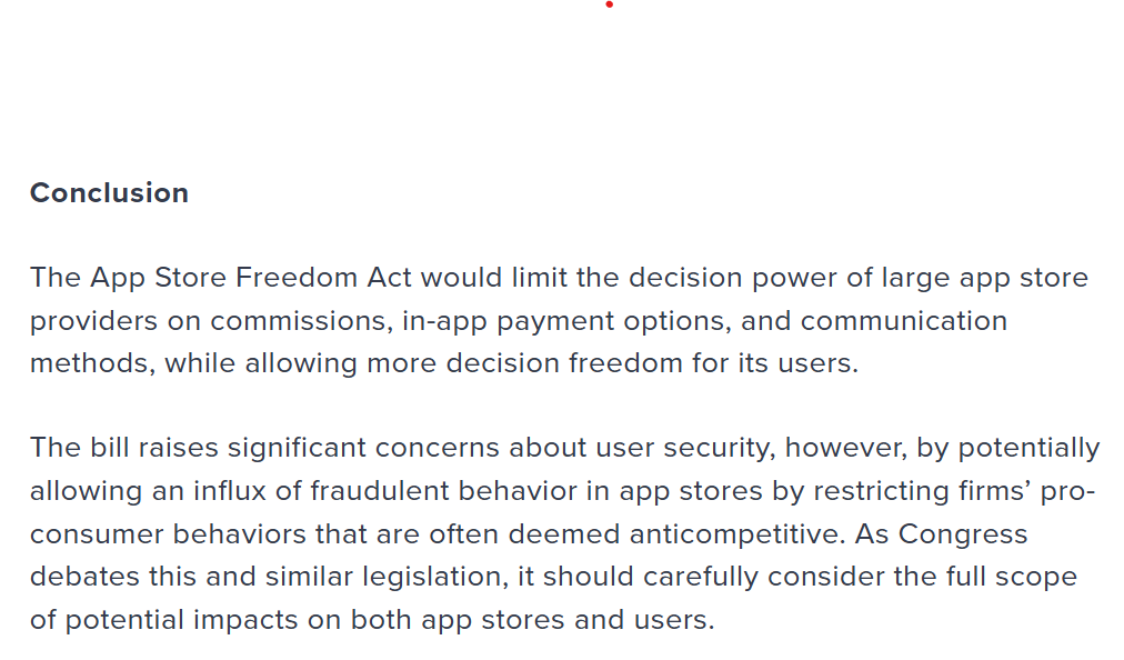 Please clap for my intern Barbara's paper on the App Store Accountability Act. The bill seeks to promote competition in online app stores, a common goal with bills such as OAMA. But the question is what are the tradeoffs and whether current law can already address these harms.