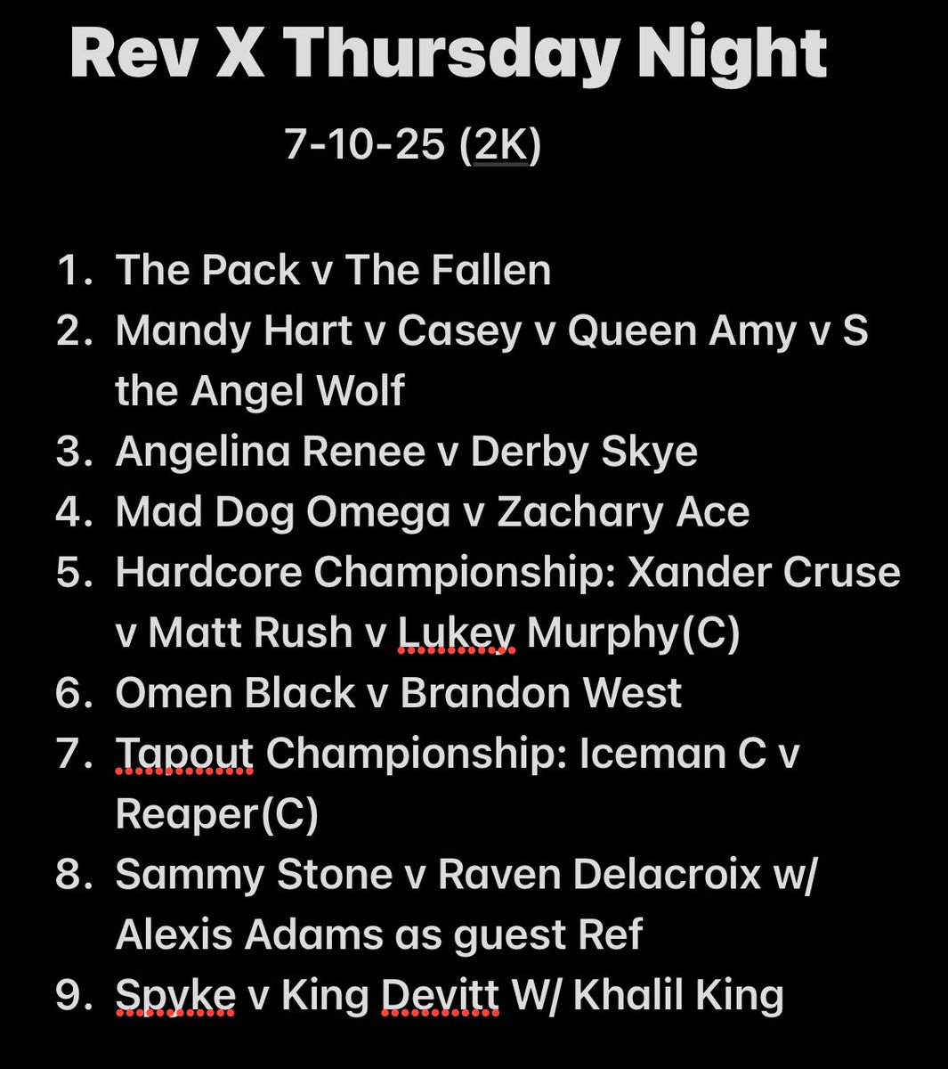 5pm est

<a href="/Fear_ThePack/">The Multi-Time Tag Team Champions</a> <a href="/KDOGWRESWORLD/">𝓐𝓵𝓵 𝓐𝓰𝓪𝓲𝓷𝓼𝓽 𝓞𝓭𝓭𝓼</a> <a href="/CaseyKuro/">Casey</a> <a href="/AngelinaRenee2K/">Angelina Renee 🇮🇹🇺🇸🇮🇪</a> <a href="/HARDKORE_CHAOs/">Akai Avenu</a> <a href="/Brisguy2742/">Mad Dog O’Mega</a> <a href="/Sapph1reDrag0n/">The Sapphire Dragon Xander Cruise</a> <a href="/xMattRushx/">Matt Rush</a> <a href="/SammyStone91/">⚡️The Show - Sammy Stone⚡️</a> <a href="/RevXProWrestlin/">RXPW Defunct End Of 2025</a> <a href="/Superior1Spyke/">Superior One Spyke</a> <a href="/RealKingDevitt/">⭐️King ”The Rockstar” Devitt⭐️</a> <a href="/LAFinestKDJ/">Khalil “LA-Finest” King</a> <a href="/LukeSmurfphyFTW/">🔥TheDip🔥</a>