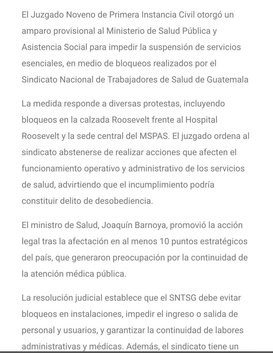El <a href="/mingobguate/">MinGob</a> puede y debe quitar los bloqueos ya que existe un amparo otorgado al <a href="/MinSaludGuate/">Ministerio de Salud Pública</a> que dice que se debe evitar los bloqueos para garantizar la continuidad de labores administrativas y médicas.