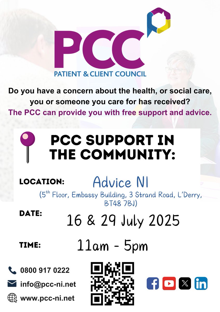 PatientClient's tweet image. 📢This Wednesday #TeamPCC Support in the Community service will be in the @adviceni building 11am - 5pm
Everyone is welcome! Call in for a chat and learn more about our services!
✅independent ✅free ✅confidential
Find out more at pcc-ni.net/pcc-support/pc…