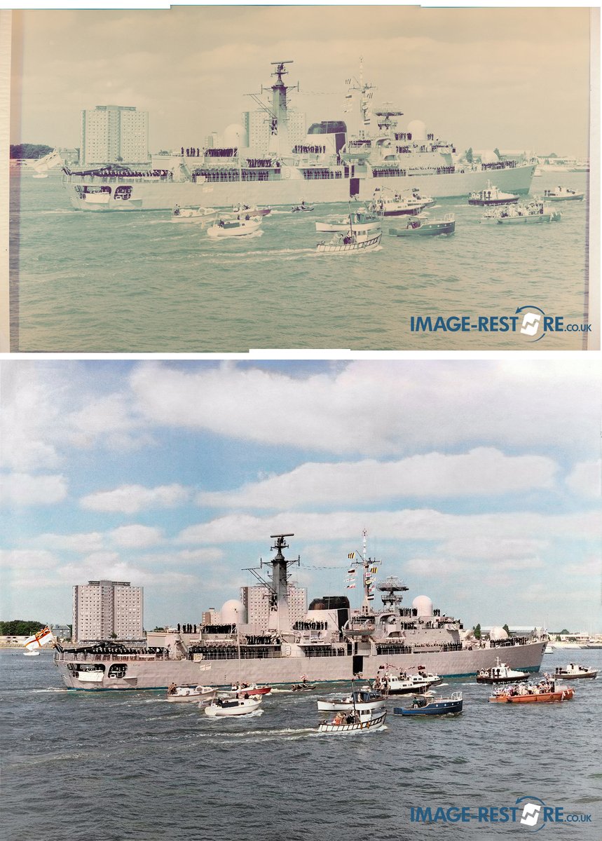 Photo Restoration, large colour print of the "Exeter" returning to Port.