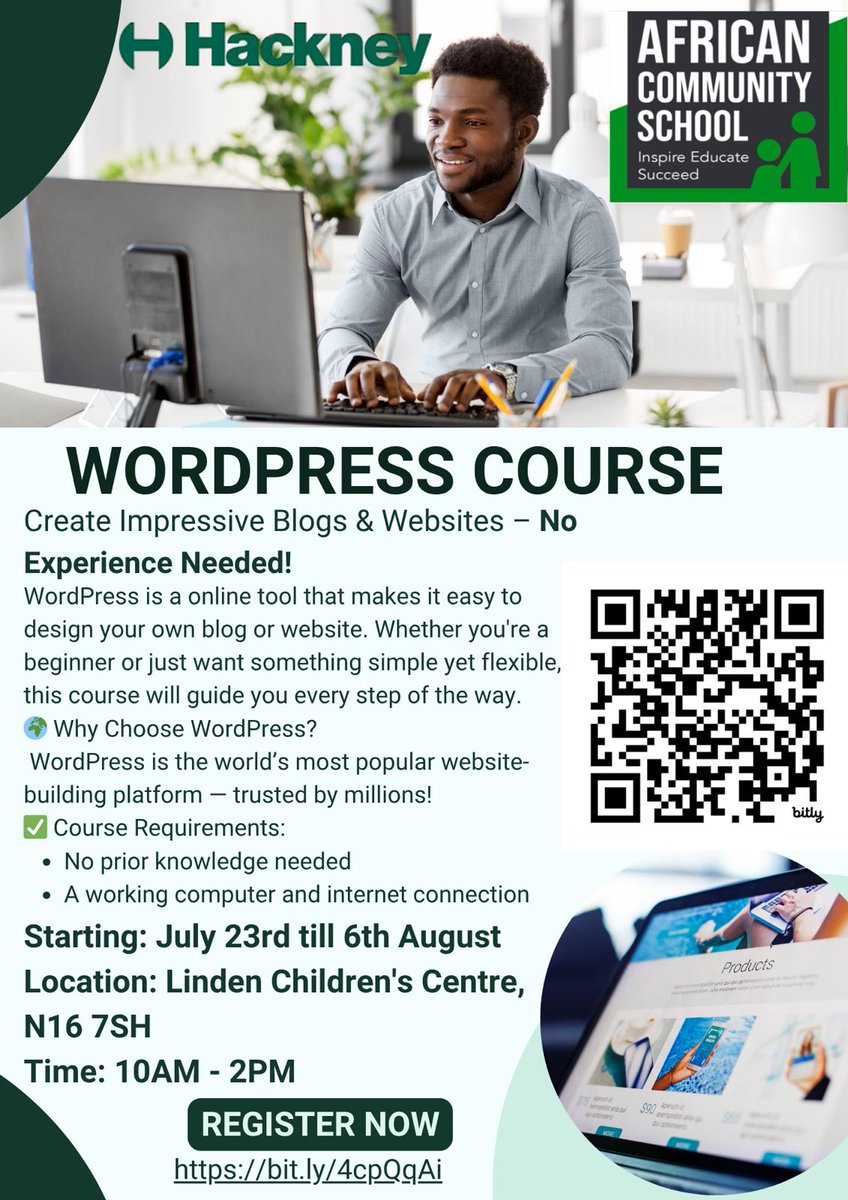 📣 WordPress Course - Starting 23rd July till 6th August

Create Impressive Blogs &amp; Websites – No Experience Needed!

Starting: July 23rd till 6th August

Location:
Linden Children's Centre, N16 7SH

Time: 10AM - 2PM

Enrol now! 👇
bit.ly/4cpQqAi