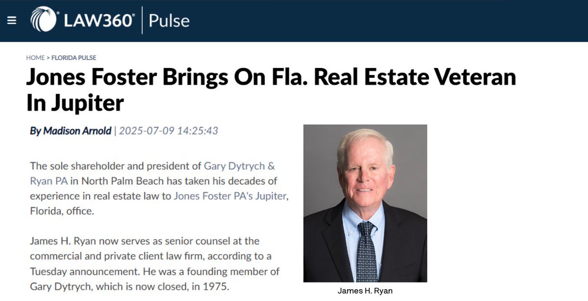 Law360 Pulse spoke to attorney Jim Ryan about his decades-long career advising high-level industry leaders in complex real estate matters and his decision to bring his practice to Jones Foster. 
 
Read the full article (subscription required): bit.ly/4eGCF1j