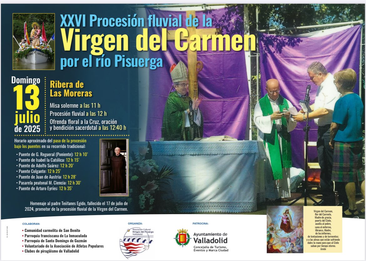Amigos del Pisuerga 💚 (@amigospisuerga) on Twitter photo 💚 XXVI Procesión fluvial de la Virgen del Carmen
📍Lugar: Ribera de Las Moreras
🗓️ Día: Domingo, 13 de julio
⏰ Hora: 11:00 h
Bienvenidos!!
#Pisuerga  #Valladolid 💚 XXVI Procesión fluvial de la Virgen del Carmen
📍Lugar: Ribera de Las Moreras
🗓️ Día: Domingo, 13 de julio
⏰ Hora: 11:00 h
Bienvenidos!!
#Pisuerga  #Valladolid