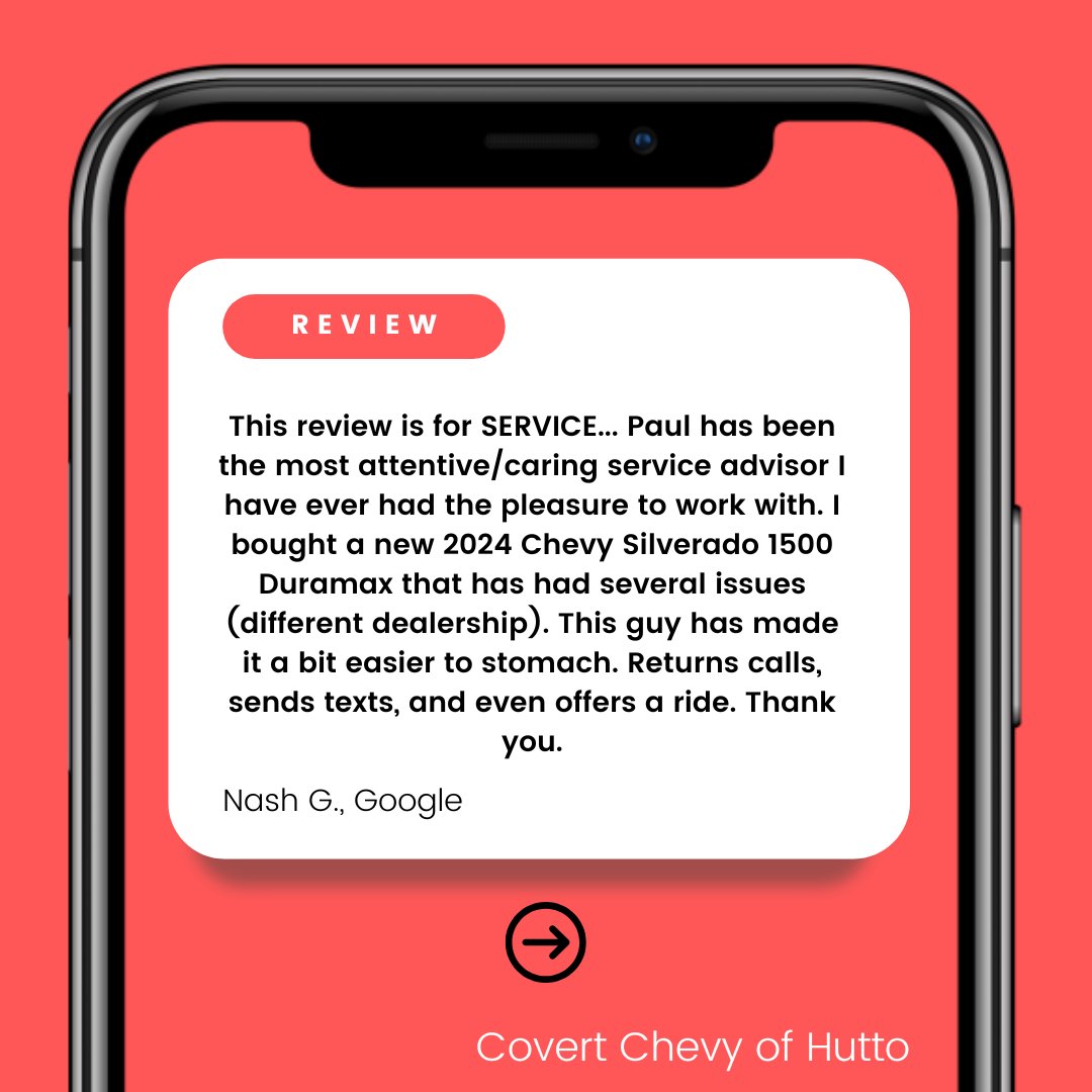 Thank you so much for your wonderful review, Nash! We're thrilled about your positive experience with Paul at Covert Chevy of Hutto. Providing attentive and caring service is what we strive for, and we're glad to know Paul was able to assist you with your new 2024 Chevy...