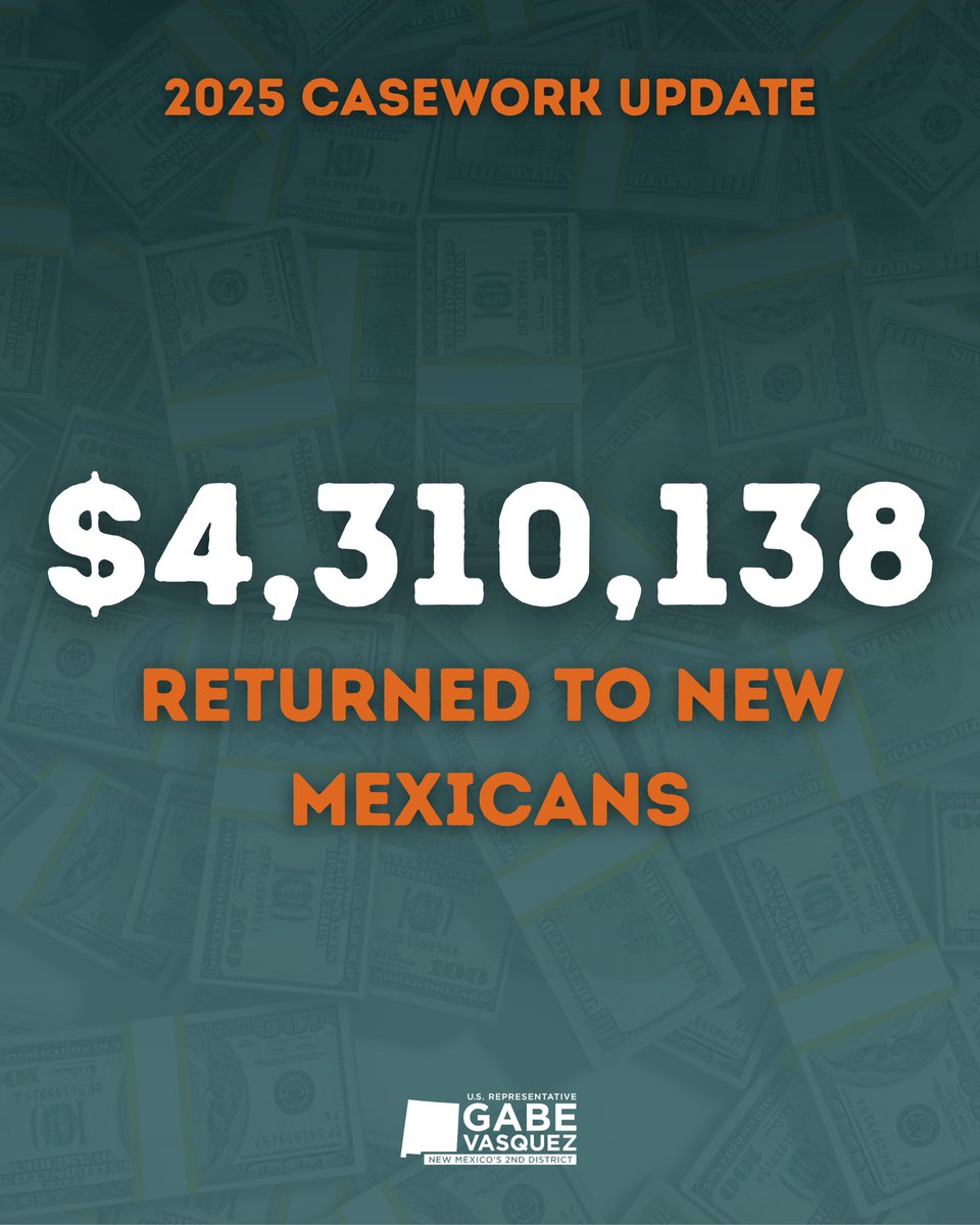 RepGabeVasquez's tweet image. When I say I’m working for you, I mean it. Over the past six months alone, my office has gone to bat with the federal government to put over $4 million back in New Mexican’s pockets — and we’re just getting started.
If you're facing challenges with a federal agency, my office is…