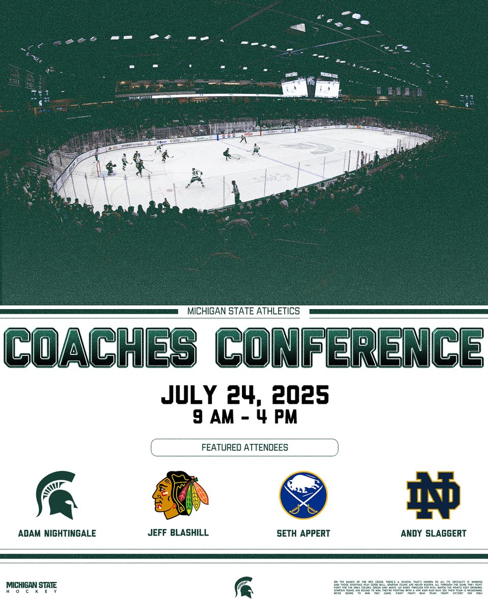 MSU_Hockey's tweet image. Calling all coaches! 📞
We're hosting a FREE coaching clinic on Thursday, July 24 here in East Lansing!
Guest speakers include: Adam Nightingale, Chicago Blackhawks head coach Jeff Blashill, Buffalo Sabres assistant coach Seth Appert, Notre Dame associate coach Andy Slaggert…