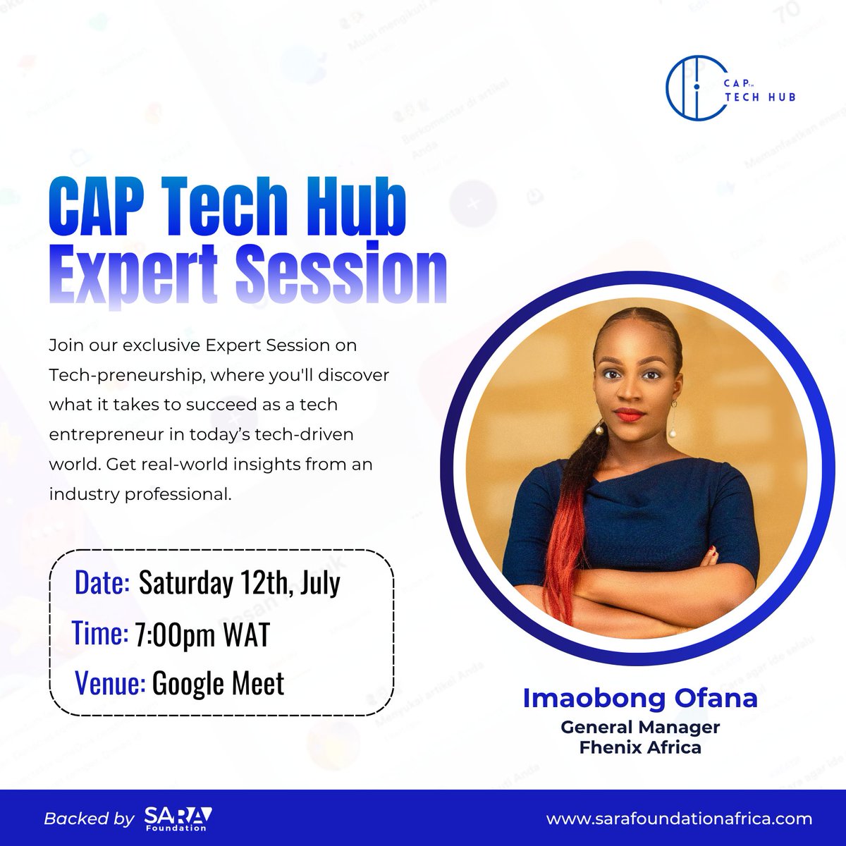 Sarafoundations's tweet image. Join our CAP Tech Hub Expert Session on Tech-preneurship with Imaobong Ofana, GM at Fhenix Africa!

📅 Sat, July 12
🕖 7:00 PM WAT
📍 Google Meet meet.google.com/vau-avdc-ubi?h…

Learn what it takes to thrive as a tech founder.

#CAPTechHub #SaraFoundation #TechPreneurship