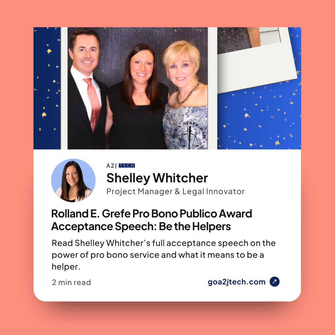 A2J Tech (@goa2jtech) on Twitter photo Still thinking about Shelley Whitcher’s powerful speech after receiving the <a href="/iowabar/">The Iowa State Bar Association</a> Pro Bono Publico Award.
“Justice is a duty, not a bonus.”
📖 Read the full speech: bit.ly/4limBVV Still thinking about Shelley Whitcher’s powerful speech after receiving the <a href="/iowabar/">The Iowa State Bar Association</a> Pro Bono Publico Award.
“Justice is a duty, not a bonus.”
📖 Read the full speech: bit.ly/4limBVV