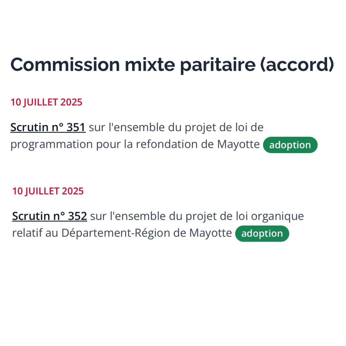 TMohamedSoilihi's tweet image. #Mayotte ✅ Après un compromis équilibré trouvé le 8 juillet entre les deux chambres, autour de l’avenir institutionnel, la lutte contre l’immigration irrégulière ainsi que les moyens mobilisés pour le territoire, le Parlement a adopté définitivement le projet de loi de…