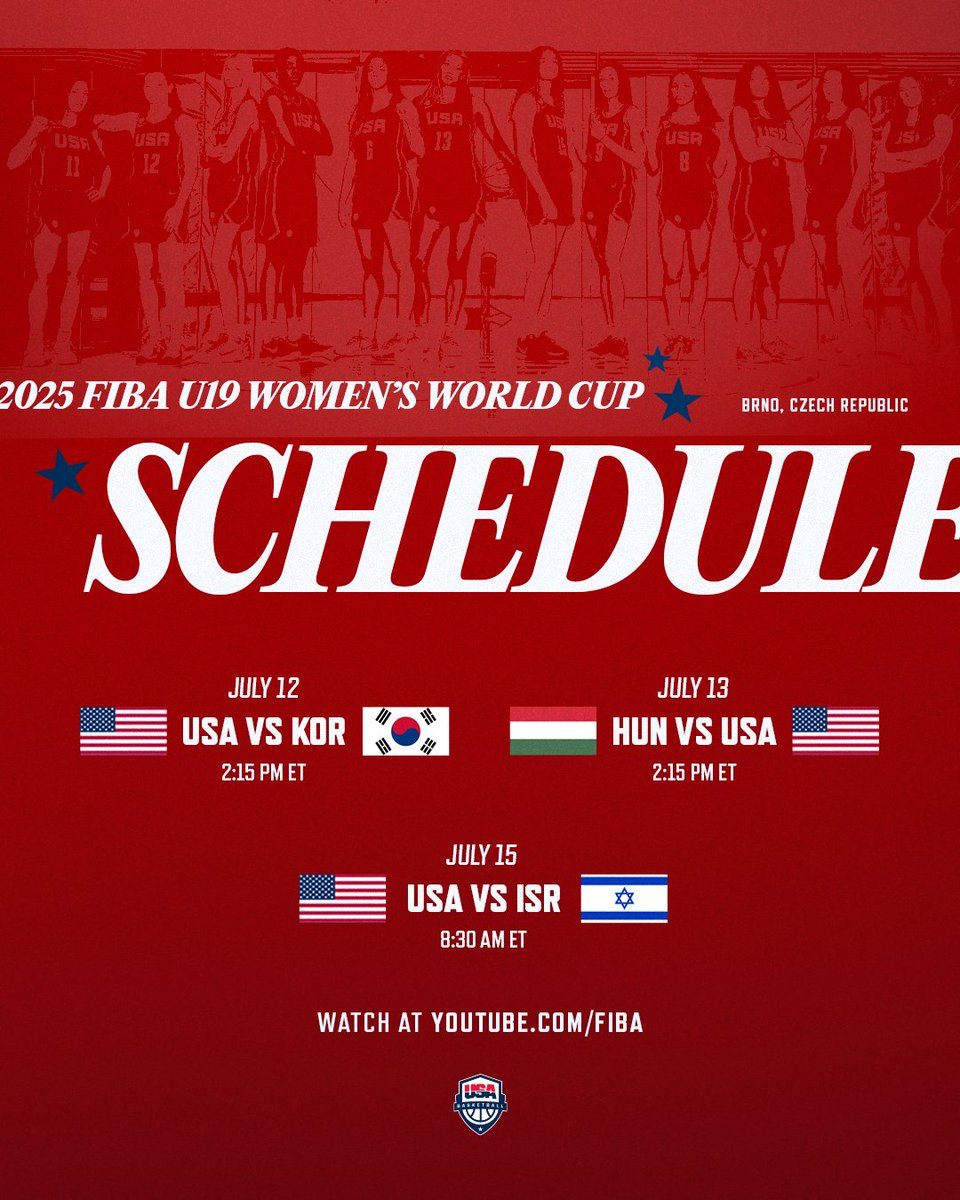The 🇺🇸 #USABWU19's quest for the #FIBAU19 Women's World Cup begins this Saturday in Brno, Czech Republic!

Watch the action on YouTube.com/FIBA!
