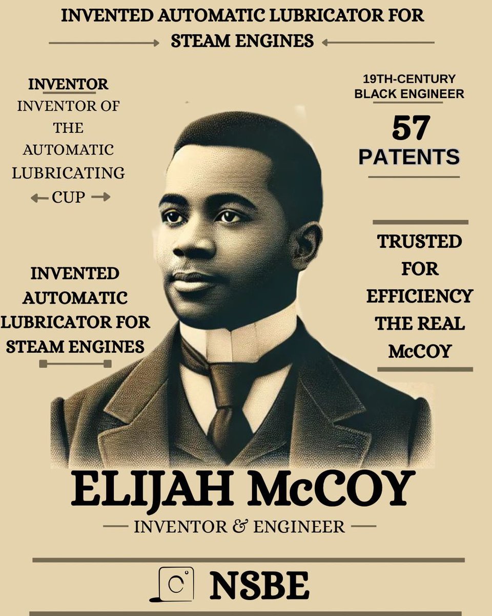 nsbe_ug's tweet photo. Elijah McCoy (1844–1929),a brilliant Black mechanical engineer and inventor who revolutionized the railway industry.
He invented an automatic lubricating device that allowed machines to stay in motion without stopping dramatically improving efficiency and safety.
#NSBE-UG Chapter https://t.co/wxspUBRUM1