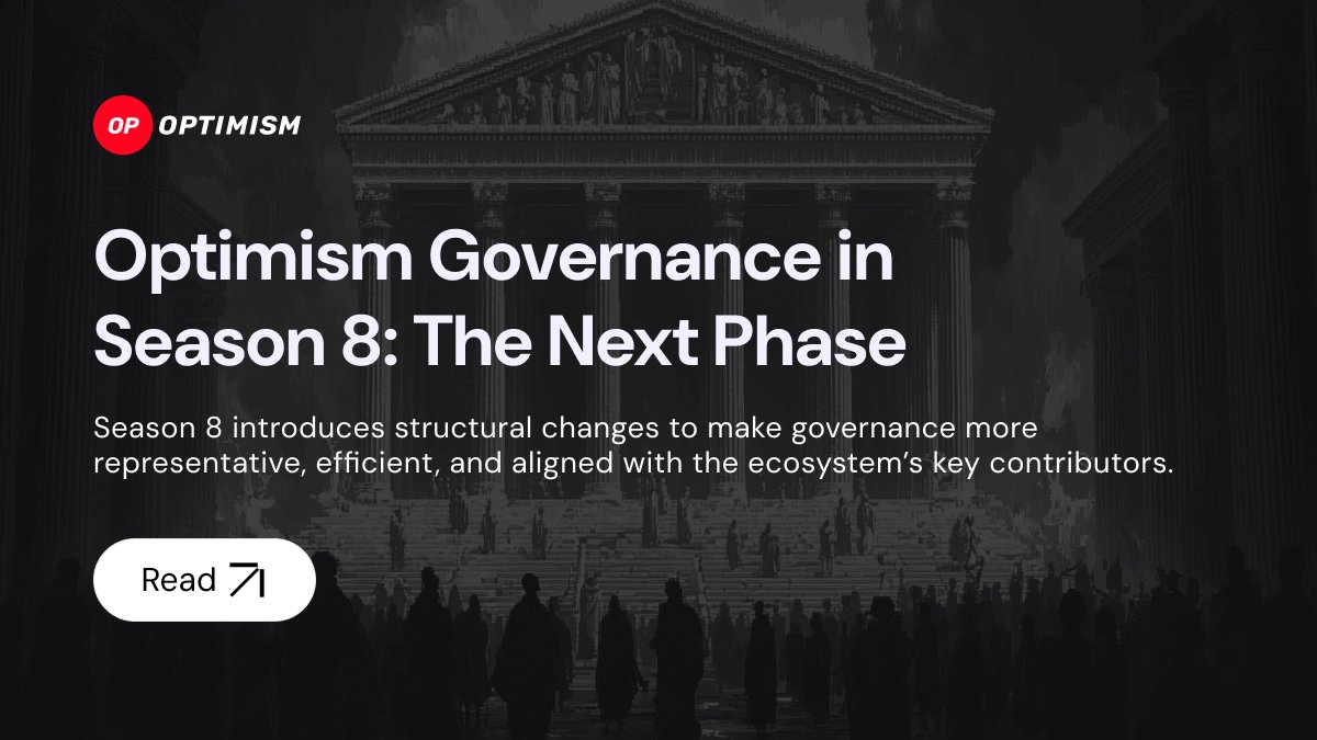 A few weeks ago, <a href="/Optimism/">Optimism</a> announced Season 8, unveiling a complete redesign of its governance system.

It’s not just a technical update. It’s a new way of thinking about power in Web3. ⚖️

❓Is voting no longer required? Can apps and users vote?

🧵 Let’s break it down: