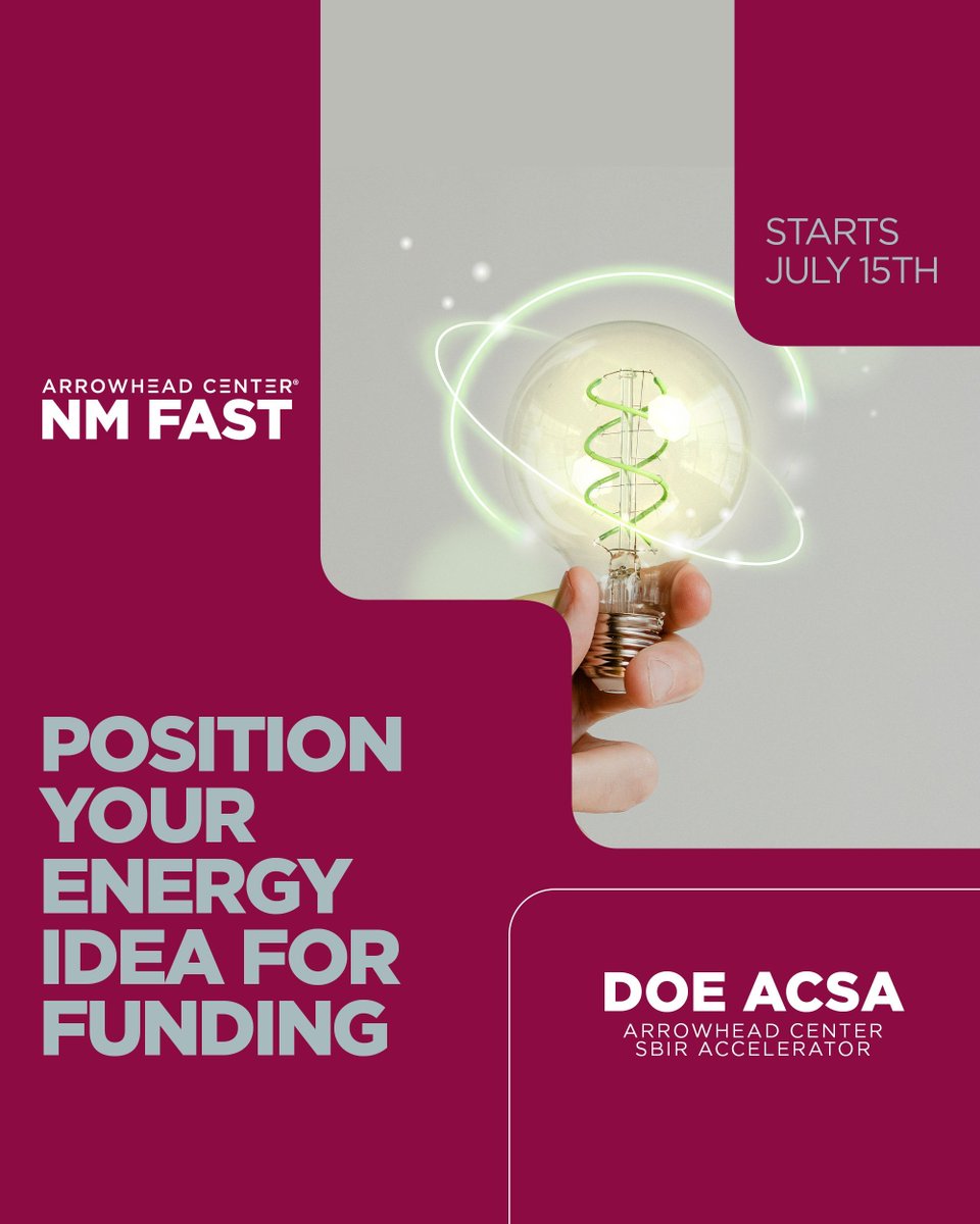 NM_Fast's tweet image. Clarity and timing can make or break funding. Our @ENERGY Arrowhead Center SBIR Accelerator (ACSA) helps you shape your idea into a fundable application—with real support to improve clarity, timing, and competitiveness. Register now: bit.ly/acsa_doe