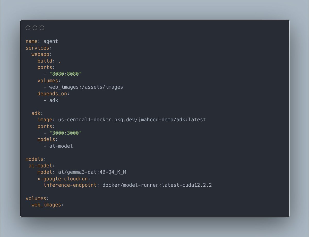 steren's tweet image. Announcing @Docker compose support for @GoogleCloud Run:
- Define your app in compose.yaml
- Run locally with docker compose up
- Deploy with gcloud run compose up