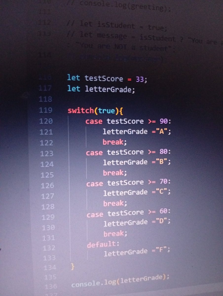 fawaz_isho33190's tweet image. Day 25 ✅ #30DaysCodingChallenge
Used `switch(true)` in JS to assign grades based on test scores a neat way to simplify multiple `if-else` checks.    

#30DaysOfCode #FrontendDev