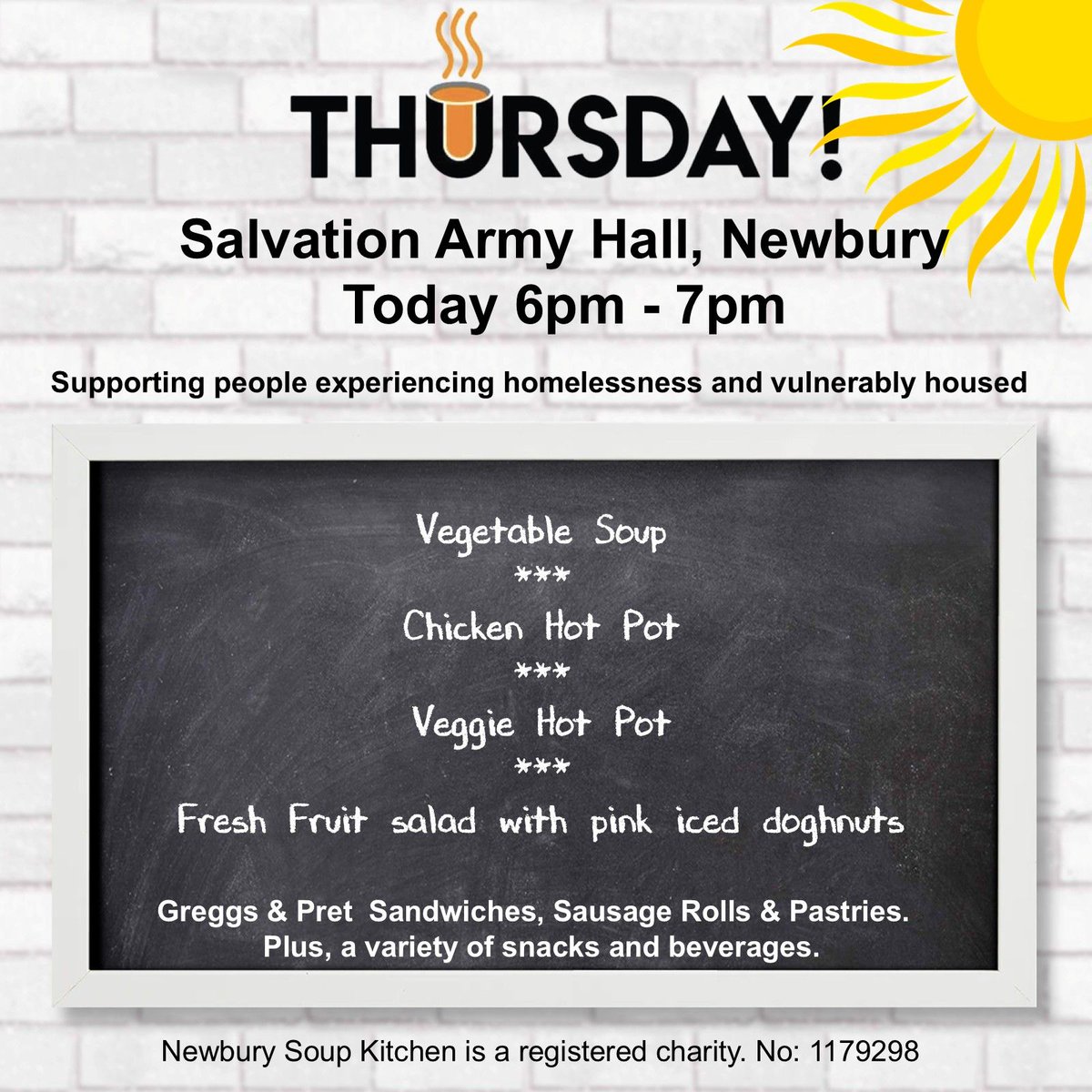 It is HOT HOT HOT.
We will be ready to feed and provide support on this hot Thursday with a fresh cooked meal and lots of water. Being homeless in the Summer is incredibly difficult. Newbury Soup Kitchen are here to help.