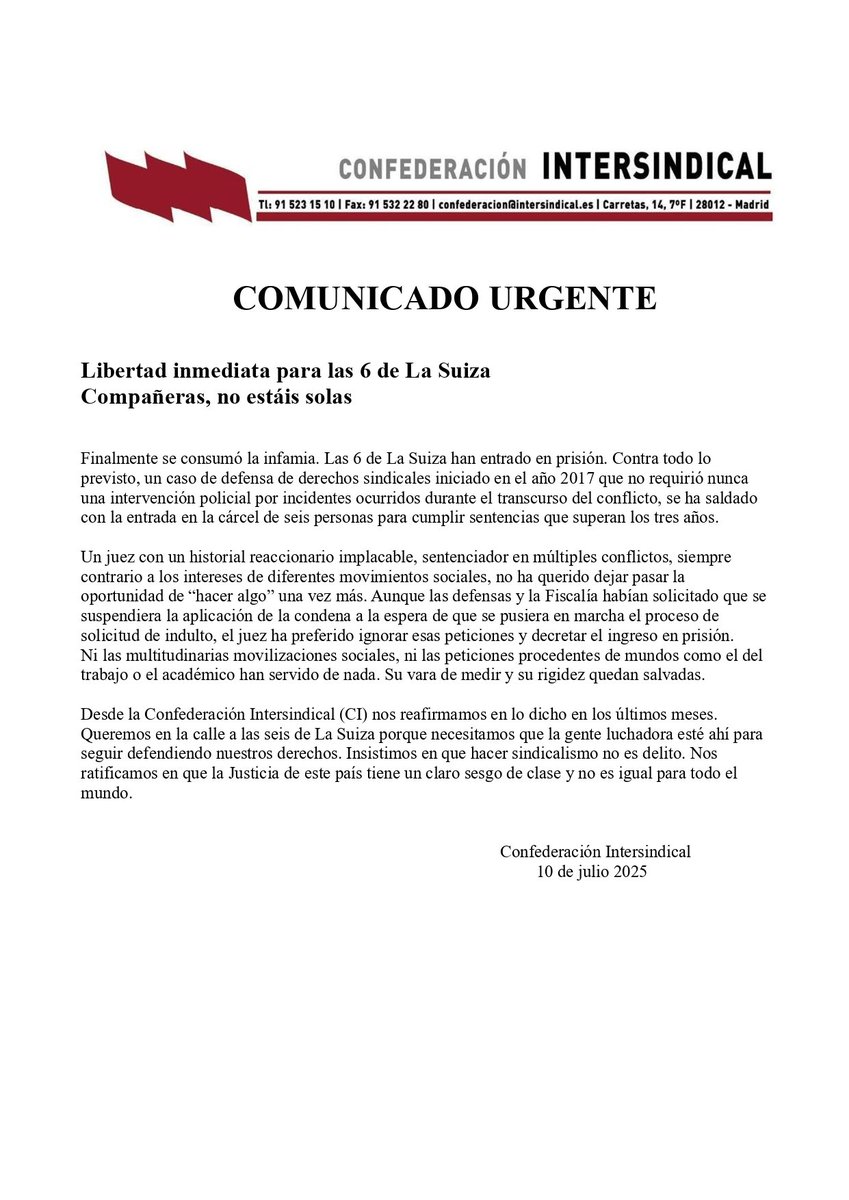 Confederación Intersindical (@confeintersindi) on Twitter photo Desde la <a href="/ConfeIntersindi/">Confederación Intersindical</a> queremos mostrar todo nuestro apoyo y solidaridad a las compañeras de las <a href="/6delaSuiza/">6 de la Suiza</a> ante esta terrible injusticia y exigimos su libertad inmediata. Compañeras, no estáis solas. #6DeLaSuizaLLIBERTA #FacerSindicalismuNunYeDelitu Desde la <a href="/ConfeIntersindi/">Confederación Intersindical</a> queremos mostrar todo nuestro apoyo y solidaridad a las compañeras de las <a href="/6delaSuiza/">6 de la Suiza</a> ante esta terrible injusticia y exigimos su libertad inmediata. Compañeras, no estáis solas. #6DeLaSuizaLLIBERTA #FacerSindicalismuNunYeDelitu
