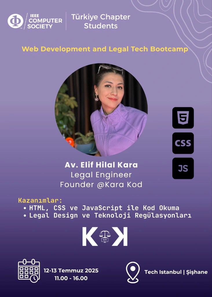 Front-end kodlar, internet hukuku, IP hakları, teknoloji ve blockchain regülasyonları, dark patternler ve daha fazlası! Teknoloji ve hukukun kesişiminde uzun soluklu bir atölye ile cumartesi bir araya geliyoruz! 

📍 12 Temmuz Cumartesi 
🏛️ Şişhane
🕚 11.00

Eğitimde <a href="/ICANN/">ICANN</a>'den
