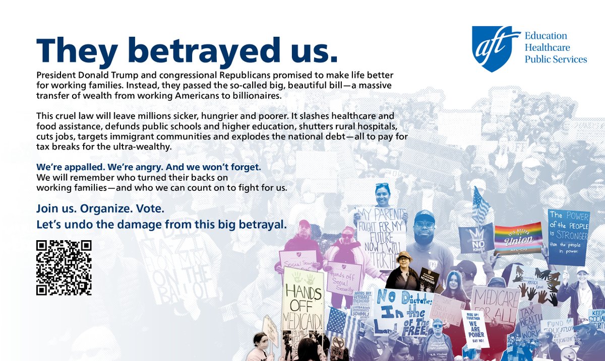 Millions of families will suffer so billionaires can get another tax break. We’re proud to stand with @aftunion and 140+ orgs calling out this cruelty. 

Join us: organize, vote, fight back! aft.org/they-betrayed-…