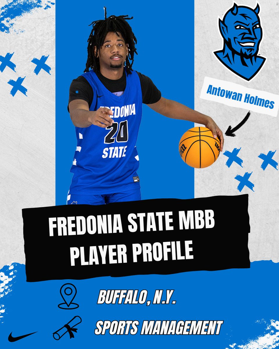 FredoniaSt_MBB's tweet image. Next up on our player profile series is senior guard Antowan Holmes! 🔵😈🏀