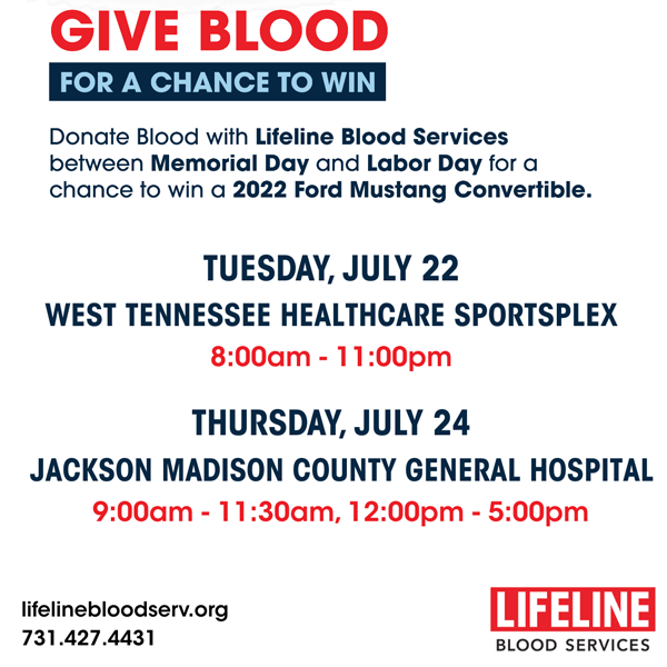 Greater Jackson Chamber (@jaxtnchamber) on Twitter photo Have you been dreaming of driving down the highway with the wind blowing through your hair? You have a chance to make that dream a reality just by donating blood!
Donate blood at <a href="/lifelineblood/">Lifeline Blood Serv</a> through Labor Day for a chance to win a 2022 Mustang Convertible! Have you been dreaming of driving down the highway with the wind blowing through your hair? You have a chance to make that dream a reality just by donating blood!
Donate blood at <a href="/lifelineblood/">Lifeline Blood Serv</a> through Labor Day for a chance to win a 2022 Mustang Convertible!