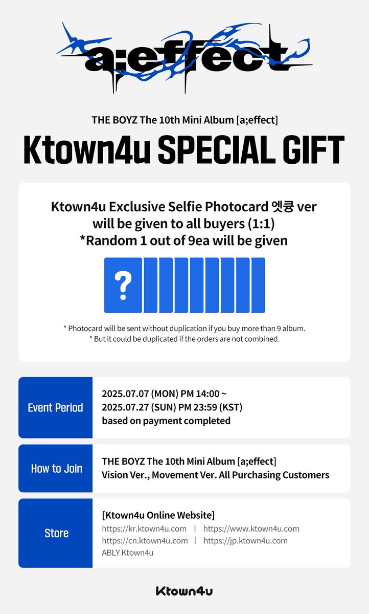 THEBOYZPERU's tweet photo. ★THE BOYZ GLOBAL UNION
#Ktown4u (@Ktown4u_com) X @THEBOYZPERU!

🖤THE BOYZ - 10th Mini Album [a;effect] preorden!

✔️ Pueden pedir el album a través de este link con 36~38% de descuento en Ktown4u hasta el 28.07.2025 09:00 KST!

🛒 Fanclub Discount Link
🔗https://t.co/csKFhXtw4W https://t.co/KOzDclJ7HA