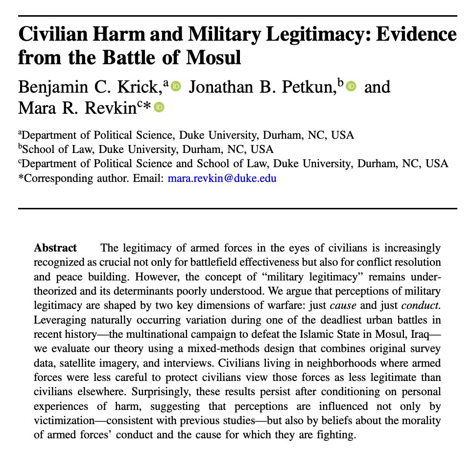 Mara Revkin @mararevkin.bsky.social (@mararevkin) on Twitter photo Excited to share a new open-access article with <a href="/benckrick/">Benjamin Krick</a> & <a href="/JonPetkun/">Jonathan Petkun</a> in <a href="/IntOrgJournal/">International Organization</a>: "Civilian Harm & Military Legitimacy" cambridge.org/core/journals/…. This project started in 2018 Mosul, Iraq’s 2nd largest city, in the aftermath of a 9-month battled described at the time...1/7 Excited to share a new open-access article with <a href="/benckrick/">Benjamin Krick</a> & <a href="/JonPetkun/">Jonathan Petkun</a> in <a href="/IntOrgJournal/">International Organization</a>: "Civilian Harm & Military Legitimacy" cambridge.org/core/journals/…. This project started in 2018 Mosul, Iraq’s 2nd largest city, in the aftermath of a 9-month battled described at the time...1/7