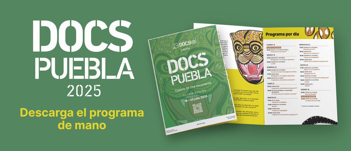 DocsMX's tweet image. 📖 ¡Ya puedes consultar el programa de mano de #DocsPuebla2025!
Revisa fechas y sedes de todas las actividades que tendremos del 18 al 25 de julio. Y prepárate para una semana llena de cine documental... y mucha garra 🐆
👇 Descárgalo aquí:
📎 bit.ly/4dnAYVe
