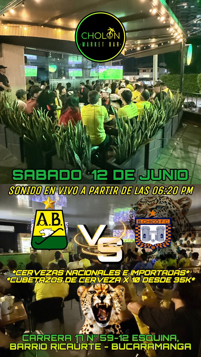 <a href="/cholonbga/">CHOLÓN MARKET BAR</a> 🔜   Vuelve la LIGA, Primera fecha Liga BETPLAY DIMAYOR, vamos todos apoyar al LEOPARDO,  Sabado 12 de mayo a partir de las 06:20 pm; encuentro deportivo entre  ATLÉTICO BUCARAMANGA🟡🟢 🐯🐆🔰⭐️ Vs Boyacá Chicó FC 

📍Carrera 17 # 59-12 Esquina, barrio Ricaurte