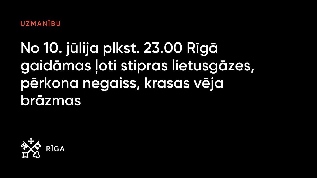 ⚠️Uzmanību!
🟠 📢 <a href="/LVGMC_Meteo/">Meteo.lv</a> izplatījis oranžo brīdinājumu par iespējamiem postošiem pērkona negaisiem!

⛈️ No 10. jūlija plkst. 23.00 līdz 11. jūlija plkst. 7.00  Rīgā un valsts dienvidu daļā gaidāmas ļoti stipras lietusgāzes, pērkona negaiss, krasas vēja brāzmas, iespējama