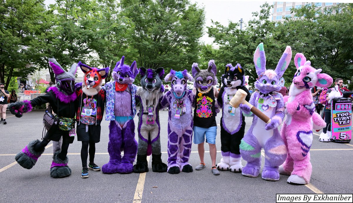 Zarafagiraffe's tweet image. Here it is! The #PurplePic from @anthrocon /#AC2025! Do not adjust your color balance! :) Big thanks to all the purples who hung around in the heat for this to happen, & huge thanks to our photographer @Exkhaniber! We have the main purple pic & 2 smaller pics for later arrivals!