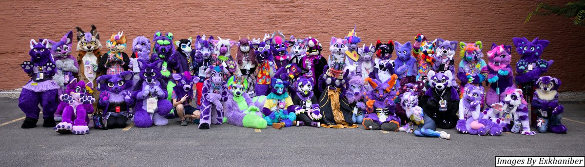 Zarafagiraffe's tweet image. Here it is! The #PurplePic from @anthrocon /#AC2025! Do not adjust your color balance! :) Big thanks to all the purples who hung around in the heat for this to happen, & huge thanks to our photographer @Exkhaniber! We have the main purple pic & 2 smaller pics for later arrivals!