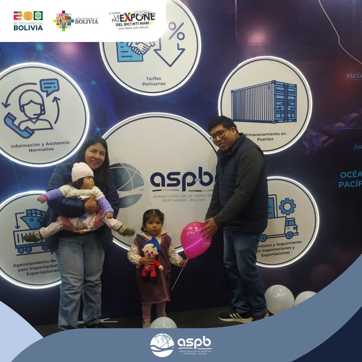 La ASP-B único agente aduanero oficial, conoce nuestros servicios y la nueva imagen institucional en la “La Paz Expone del Bicentenario”.
Encuéntranos en la planta baja del Bloque Rojo del Campo Ferial de Lunes a Viernes de 17:00 a 23:00 y Sábados y Domingos de 11:00 a 23:30.