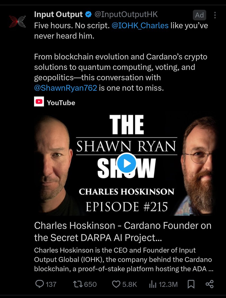 <a href="/InputOutputHK/">Input Output</a> <a href="/IOHK_Charles/">Charles Hoskinson</a> <a href="/ShawnRyan762/">Shawn Ryan</a> Both Charles, through his personal account, and this IOHK account are paying to promote this trashy interview.

How much $ADA did Charles sell to advertise it? 

When will the report of the 600m usd stolen from $Ada come out?

 <a href="/IOHK_Charles/">Charles Hoskinson</a>