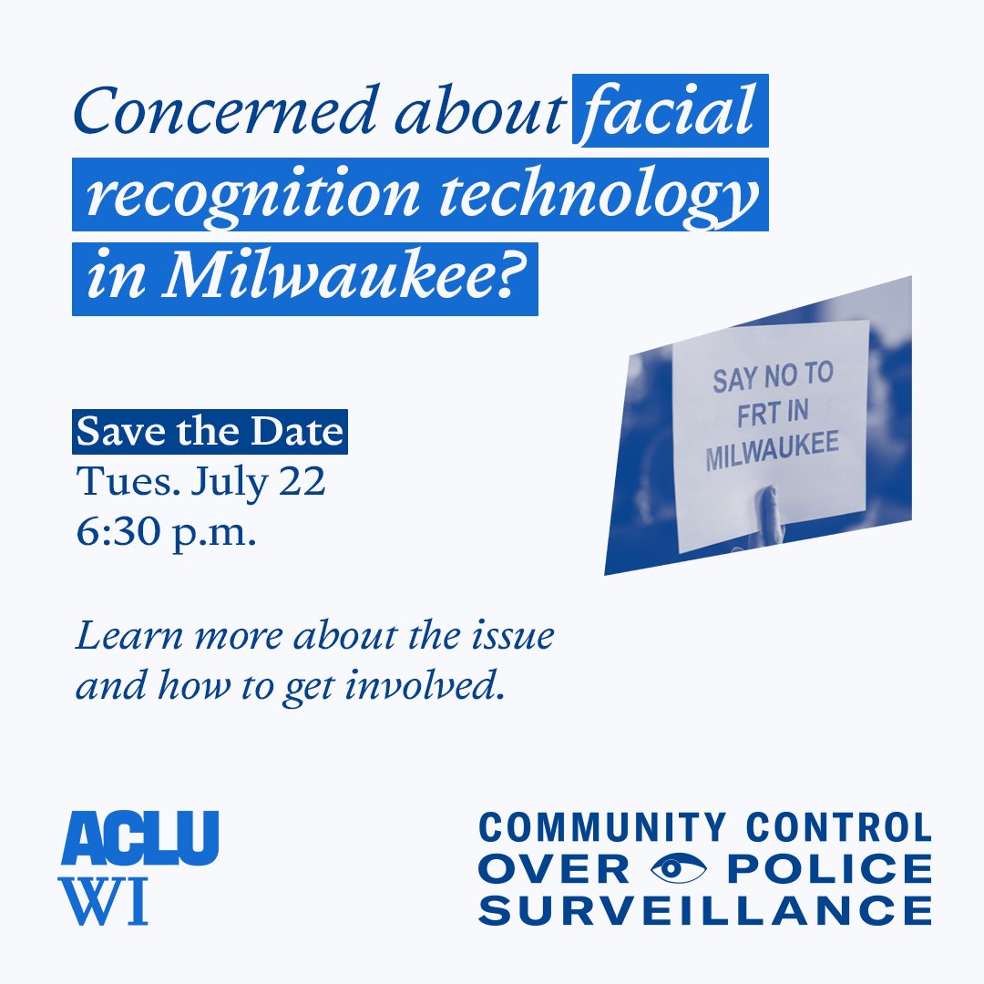 ACLUofWisconsin's tweet image. MILWAUKEE! Join the ACLU of Wisconsin for a community issue briefing and testimony training on the growing use of surveillance technologies like facial recognition by law enforcement.
Register: secure.ngpvan.com/VjkBxcnYZ0-S2U…