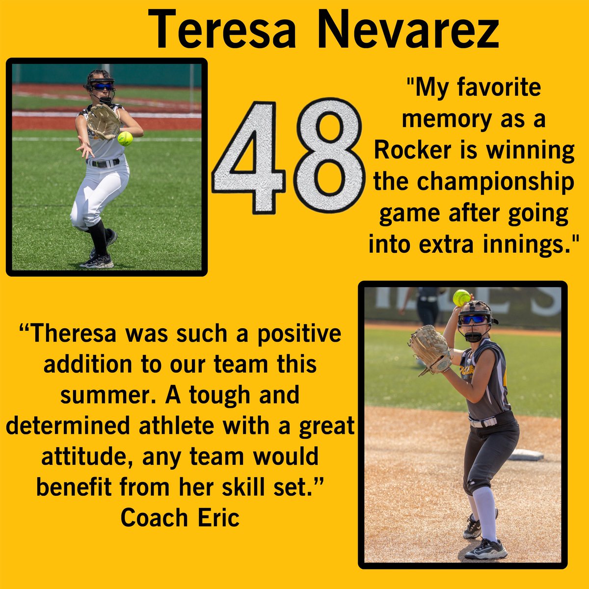 This week marks the end of an important chapter as Teresa Nevarez finishes her final week of travel softball. From day one, “Big T” brought talent, heart, and nonstop positive energy. Always smiling and even making friends with every umpire. Thank you, Big T, for everything! 💛🖤