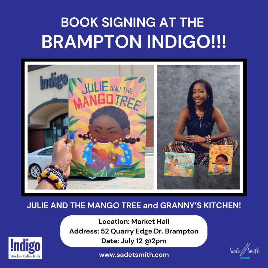 I’ll be at the <a href="/chaptersindigo/">Indigo</a> BRAMPTON INDIGO BOOKSTORE for a book signing this Sat. July 12 at 2pm. Stop by and join in on the mango madness! Bring the kiddies and tell a friend to tell a friend…can’t wait to see you there!😁📖✍🏾 #juliemango #grannyskitchen #brampton #índigo