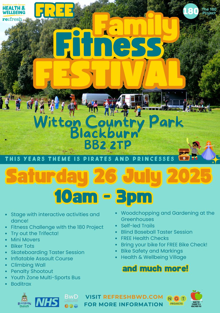 Join us at Witton Country Park on Saturday 26th July for a family fun day packed with great opportunities for you to get involved in.

This years theme is Pirates and Princesses! 

This event is all about turning things around, pushing boundaries, and achieving new personal bests
